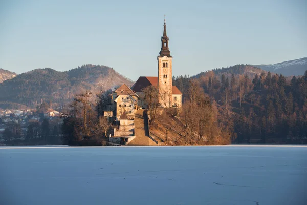 냉동된 호수 Bled에서 겨울 아침 — 스톡 사진