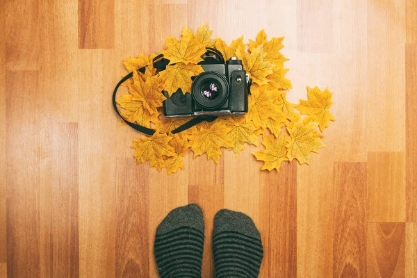 Caméra sur le sol avec des feuilles d’automne — Photo