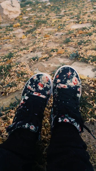 Mänskliga skor på torra hösten lämnar — Stockfoto