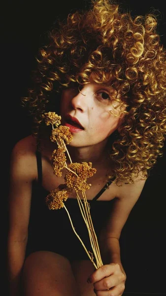Portrait Young Curly Woman Dry Flowers Black Background — Stok Foto