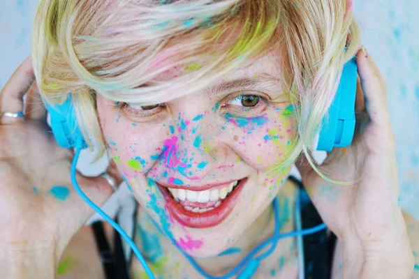 Portrait Young Curly Blonde Woman Blue Headphones Listening Music Colored — Stock Photo, Image