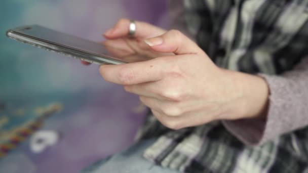 Close Female Hands Holding Using Mobile Phone Grey Wall Background — Stock Video