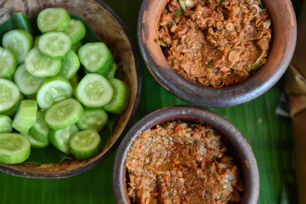 Fermented fish spicy dip in bowl baked clay — Stock Photo, Image