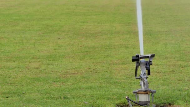 Große Sprinklerbewässerung Für Gartenrasen Auf Fußballplatz — Stockvideo