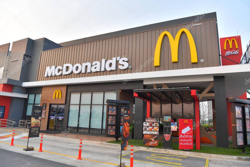 AYUTTHAYA - MARCH 11 : McDonald's in Thailand, Corporation is the world's largest chain of hamburger fast food restaurants, during the day hours on March 11, 2018, Ayutthaya Thailand.