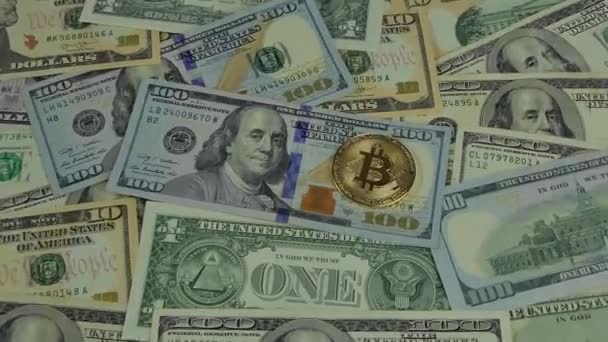 ゴールド Bitcoin Btc のコイン 紙幣のドル Btc ゴールデン コインは Web バンキング及び支払い国際ネットワークの仮想電子マネーのシンボルです — ストック動画