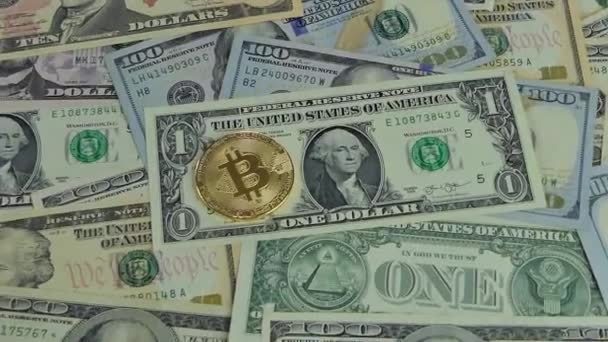 Bitcoin Ouro Moedas Btc Notas Dólares Dos Eua Moeda Ouro — Vídeo de Stock