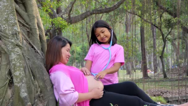陰毛の公園で夏の日の聴診器による妊娠中の母親の腹を聞いて娘 — ストック動画