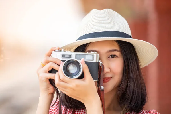 Asian Women Tourists Carrying Camera Smiling Brightly Train Station Stock Picture