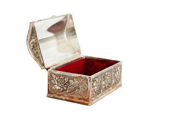 Metal box. Open casket with red velvet inside. — Stock Photo, Image