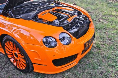 Kiev, Ukrayna; 10 Nisan 2015. Mansory Bentley Continental Gt ormanda arabanın ön kısmını. Editoryal fotoğraf.