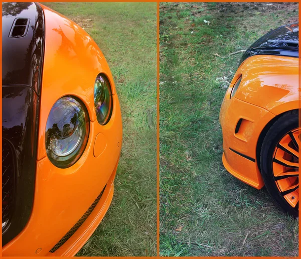 AutoCollage. Zdjęcie samochodu streszczenie. Części pomarańczowy samochód na tle asfaltu. Tuning. Pomarańczowy luksusowych aut. Supercar. Orange. Anglii. Tuning. Karbon. Europie. Skóra. — Zdjęcie stockowe