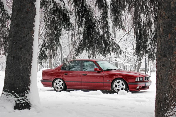 Kiev, Ukrayna - 22 Aralık 2017: Bmw 520 (E34) kış ormanın içinde. Kırmızı Bmw güzel bir orman içinde. Doğa. Kar.