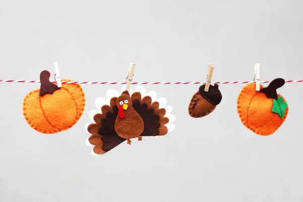 Thanksgiving Day. Acorn, pumpkin and turkey on a rope. Composition — Stock Photo, Image