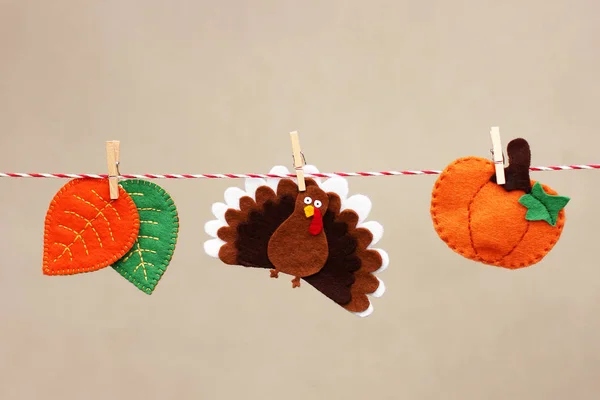 Thanksgiving Day. Acorn, turkey and leaves on a rope. Composition — Stock Photo, Image