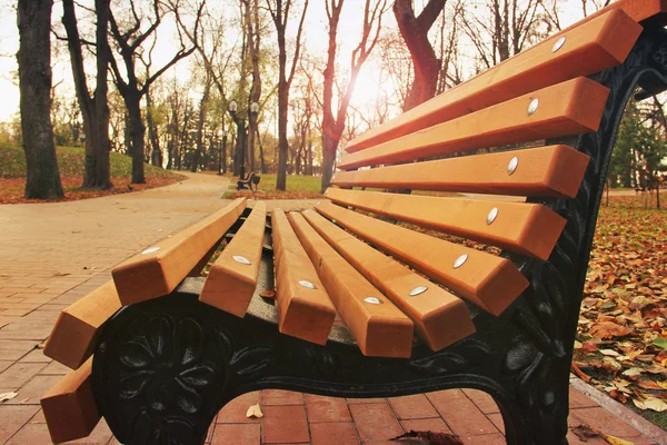 Banco de madeira fechar no parque de outono — Fotografia de Stock