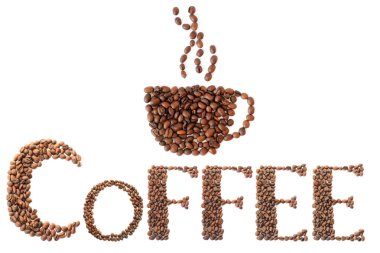 Kahve çekirdeği. Beyaz arka planda kahve çekirdeklerinden yapılmış kahve. kahverengi