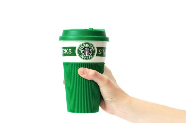 Chernihiv, Ukrayna - 14 Ocak 2020: Starbucks kupası beyaz arka planda