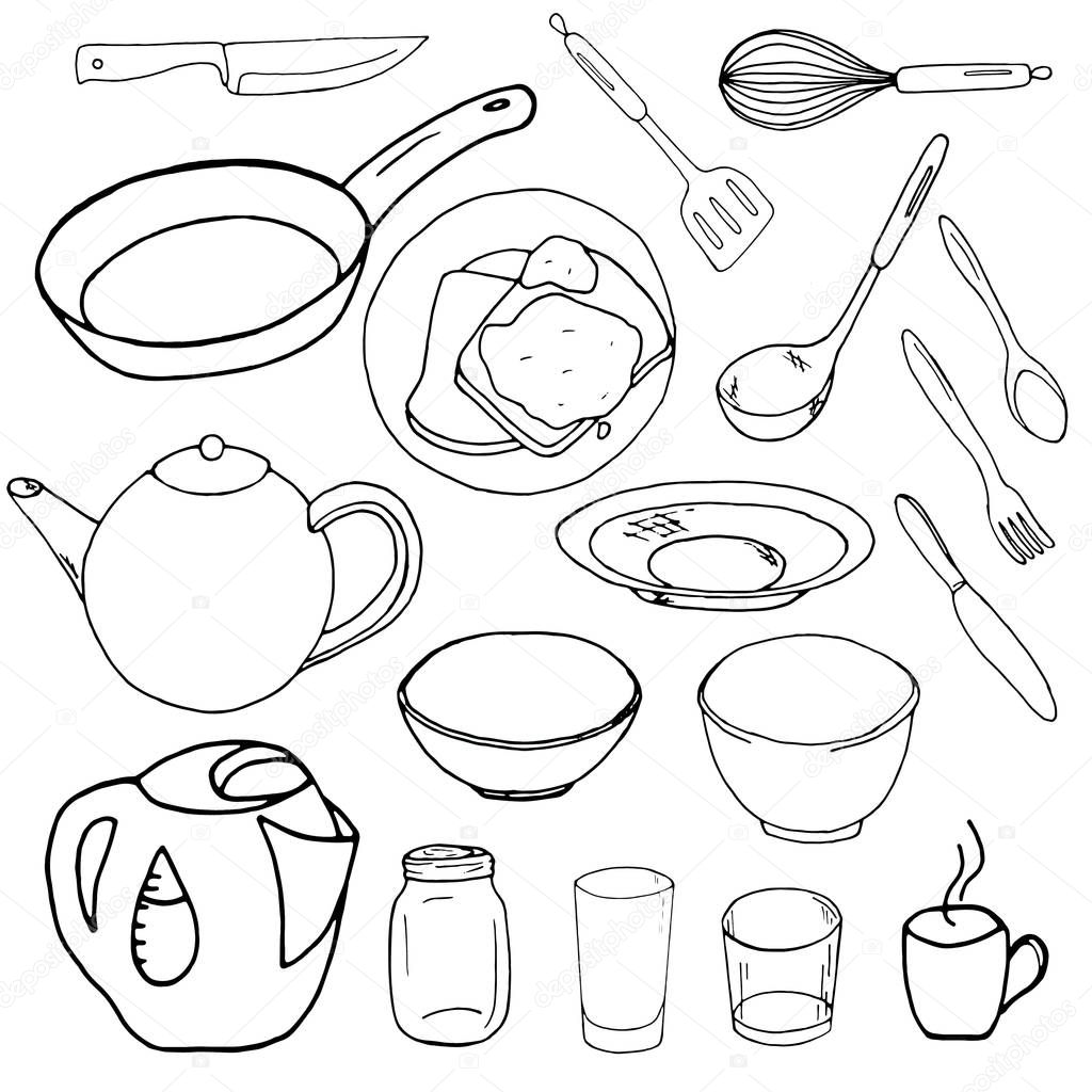 Crockery on a white background. Sketch Tableware.