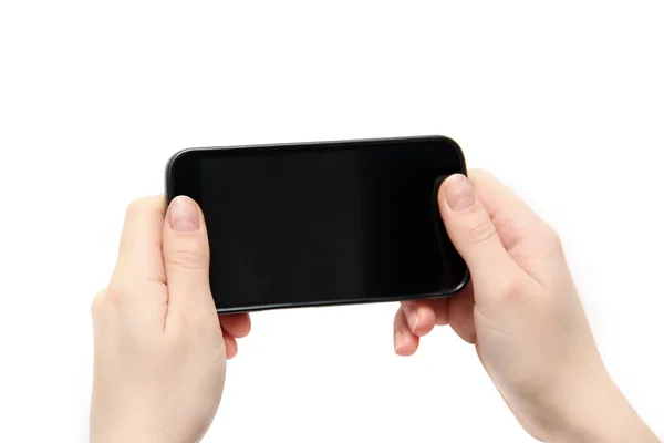 Gadget Rukou Černý Telefon Rukou Bílém Pozadí — Stock fotografie