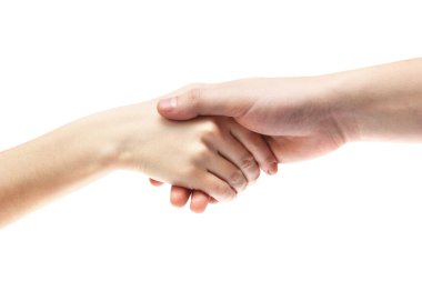 Beyaz arka planda el sıkışma. Vücut parçaları. Eller beyaz arkaplanda