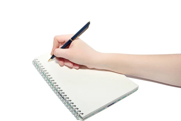 Mão Escreve Caderno Sobre Fundo Branco — Fotografia de Stock