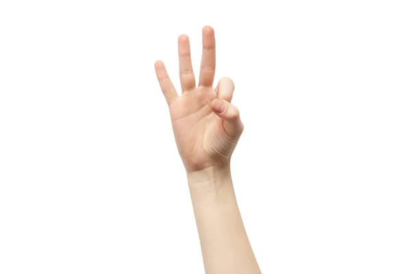 Hand Auf Weißem Hintergrund Hand Zeigt Drei Finger — Stockfoto