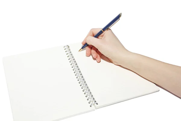 Hand Writes Notebook White Background Stock Photo