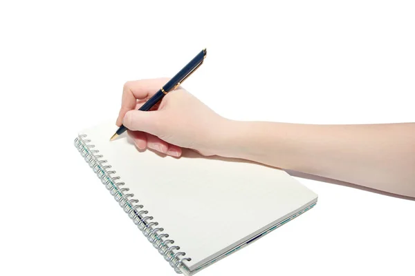 Hand Writes Notebook White Background Stock Photo