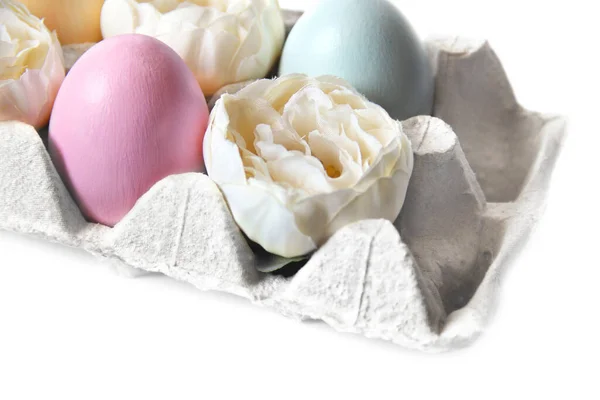 Eggs Flowers Tray White Background — Stock Photo, Image