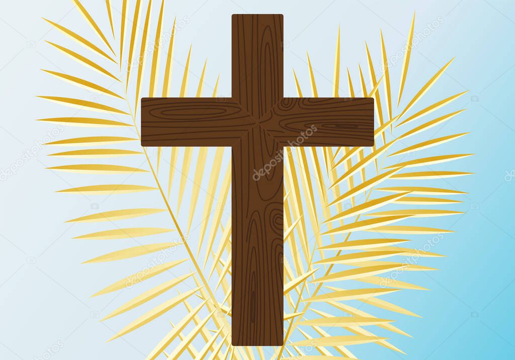 Cross and palm branches. Easter. Illustration of the wind. The symbol of salvation. Hope