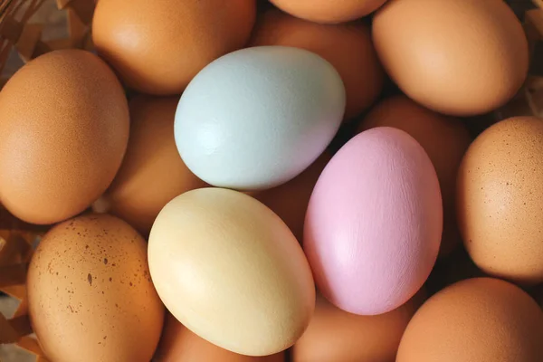 Eggs in a basket. Eggs close up. Colored eggs