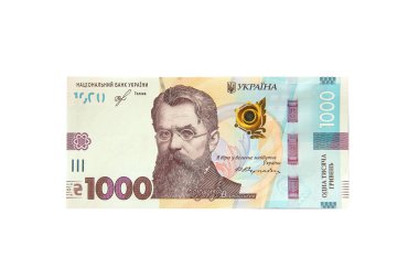 Para için. Beyaz arka planda Ukrayna para birimi. Ben Bill. Bin Hryvnia.