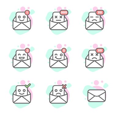 Vektör emoji e-posta ile bir çok varyasyon. Modern düz simgesi tasarım.