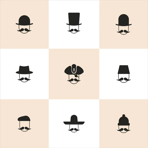 Set of 9 mans with mustache and hats — Stock Vector