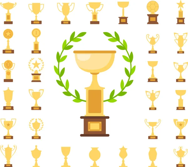 Τρόπαιο χρυσά βραβεία συλλογή τριάντα μία κύπελλα σε λευκό. Διάνυσμα αφίσα του νίκη Κύπελλο με λαβές, ρηχά Κύπελλο με ένα αριθμό, ανταμοιβή με κύκλο στην στήλη και σε σχήμα άστρου κατασκευασμένα από χρυσό. Κύπελλο με χρυσή πρώτη θέση βραβείο νικητής με Δάφνη — Διανυσματικό Αρχείο