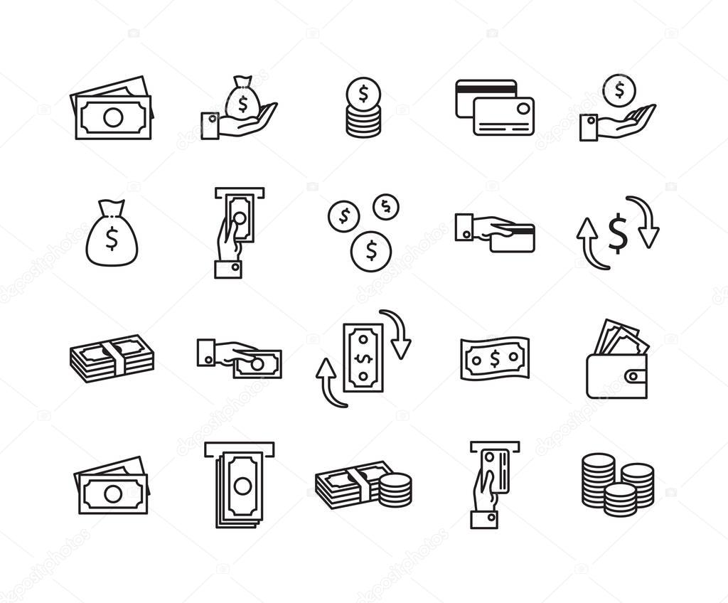 Simple Set of Money Related Vector Line Icons. Contains such Icons as Wallet, ATM, Bundle of Money, Hand with a Coin, Exchange, Money transfer and more.