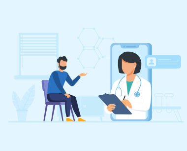 Hasta iniş sayfası çizim vektörü düz tasarımı için tavsiye veren kişisel doktorla görüntülü görüşme