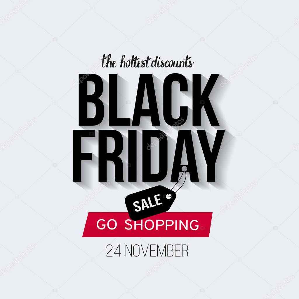 Black Friday Sale banner template for web, print design production. Black and red text on contrast white background. Vector illustration