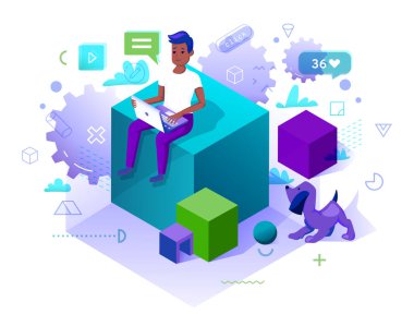 Afrikalı adam devasa küpün üzerinde oturuyor ve zevkle çalışıyor. Sosyal medya simgeleri ve modaya uygun geometrik şekillerle renkli illüstrasyonlar, topla komik bir köpek yavrusu oynuyor.