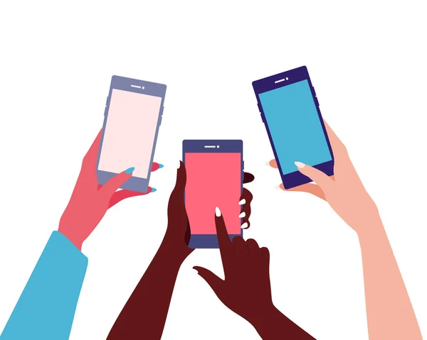 Farklı kadın uyruklu eller cep telefonlarını tutuyor ve parmakları ekranlara dokunuyor. Modern model düz vektör çizimi. Beyaz arkaplanda izole.