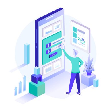 Girilen güvenli verilerin önünde duran bir adam. Kayıt formu veya giriş kullanıcı arayüzü. Büyük cep telefonunda gösterilen bilgili elementlerin Isometric düz vektör çizimi.