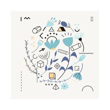 El çizimi soyut karalama dekoratif vektör bileşimi ve renkli yapraklı elementler ve siyah-beyaz geometrik şekiller. Düz ve izole vektör çizimi