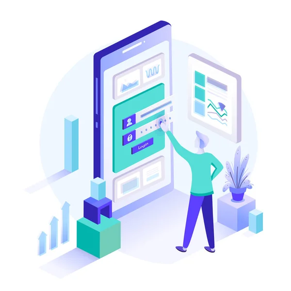 Man Står Framför Inmatade Säkra Data Registreringsformulär Eller Inloggningsgränssnitt Isometrisk — Stock vektor