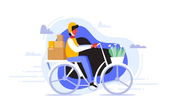 Kasklı bir kurye, paketleri hızlı ve etkili bir şekilde sipariş eden müşteriye teslim etmek için bisiklete biner. Teslimat hizmeti konsepti. Moda ve renkli vektör illüstrasyonu.