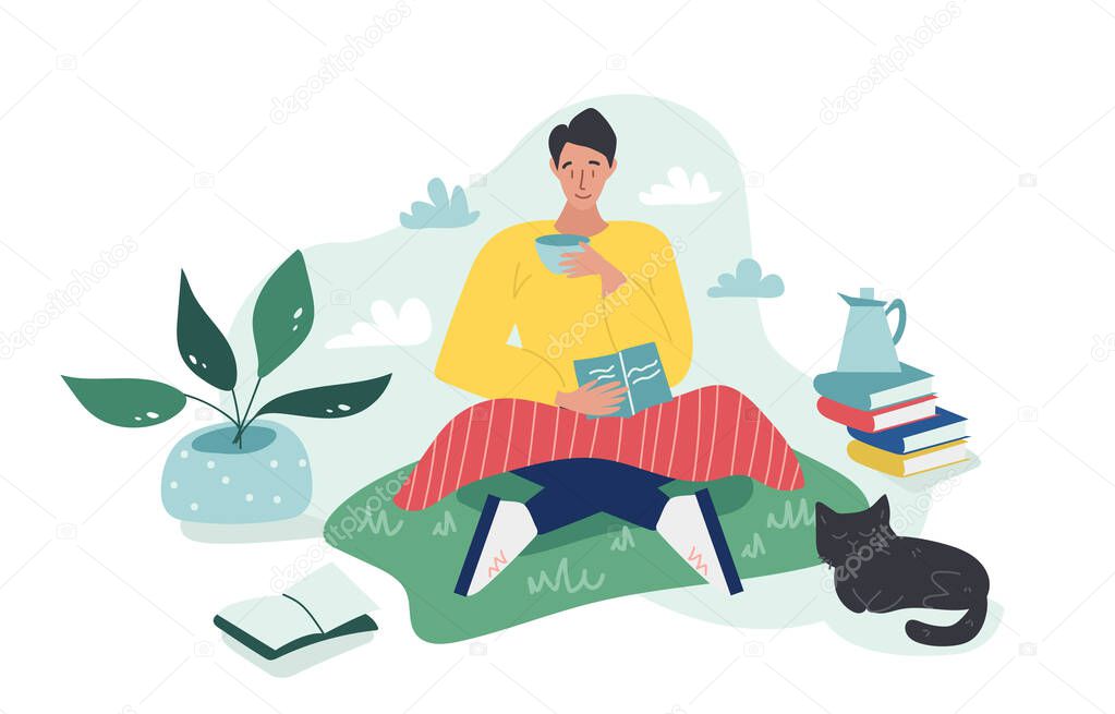 Young boy sitting on the grass with a plaid and reads a book while drinking a cup of tea or coffee in cloudy day. A black cat is sleeping nearby. Vector colored cartoon flat illustration.