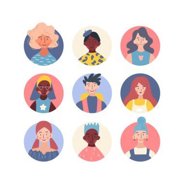 Farklı meslek profili olan insanlar Avatar koleksiyonu. Kadın ve erkeğin simgeleri ikon vektör illüstrasyon kümesiyle karşı karşıya. Modern çizgi film düz tasarım. Çevrimiçi iletişim, Sosyal Ağ kavramı.