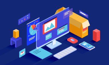 Veri analizi, yönetim, internet arama ve araştırma sunan Isometric vektör illüstrasyonu. Bir sürü bilgi ögesi, resim ve ekranda açılan pencerelere sahip 3D çizgi film bilgisayarı.