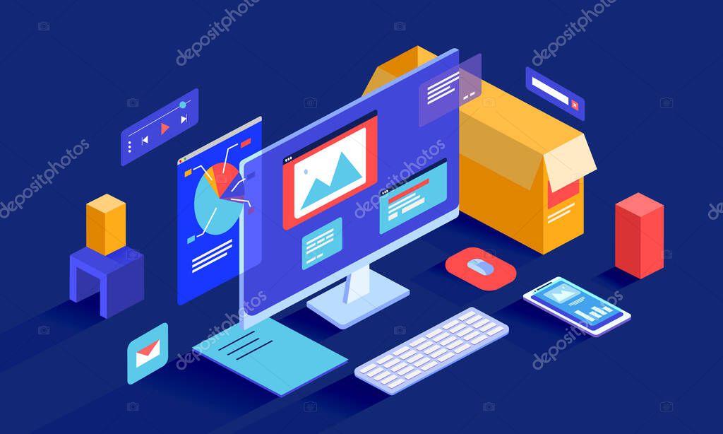 Ilustración isométrica vectorial que presenta análisis de datos, gestión, búsqueda e investigación en Internet. Ordenador de dibujos animados 3D con muchos elementos de infografía, imágenes y ventanas abiertas en la pantalla. 2023 Ilustración isométrica vectorial que presenta análisis de datos, gestión, búsqueda e investigación en Internet. Ordenador de dibujos animados 3D con muchos elementos de infografía, imágenes y ventanas abiertas en la pantalla. 2023