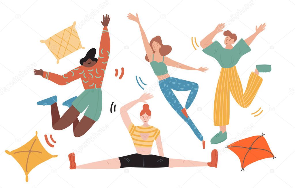 Group of friends celebrates holiday by making an overnight party with pillows. They are jumping, dancing and doing yoga with a big joy. Flat colored vector illustration on white background